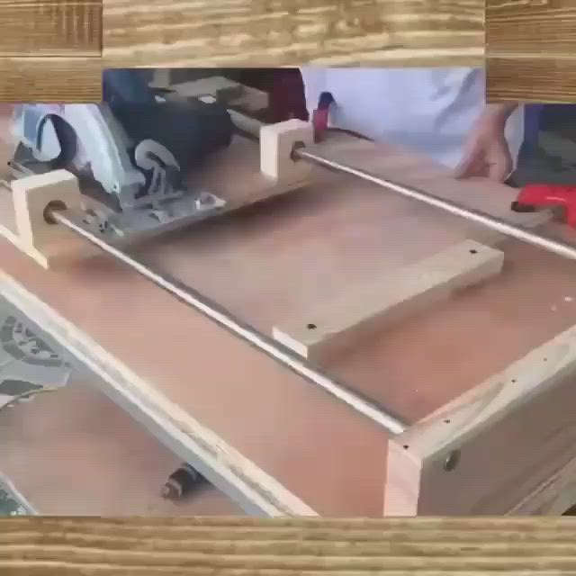 This may contain: a person using a table saw to cut wood