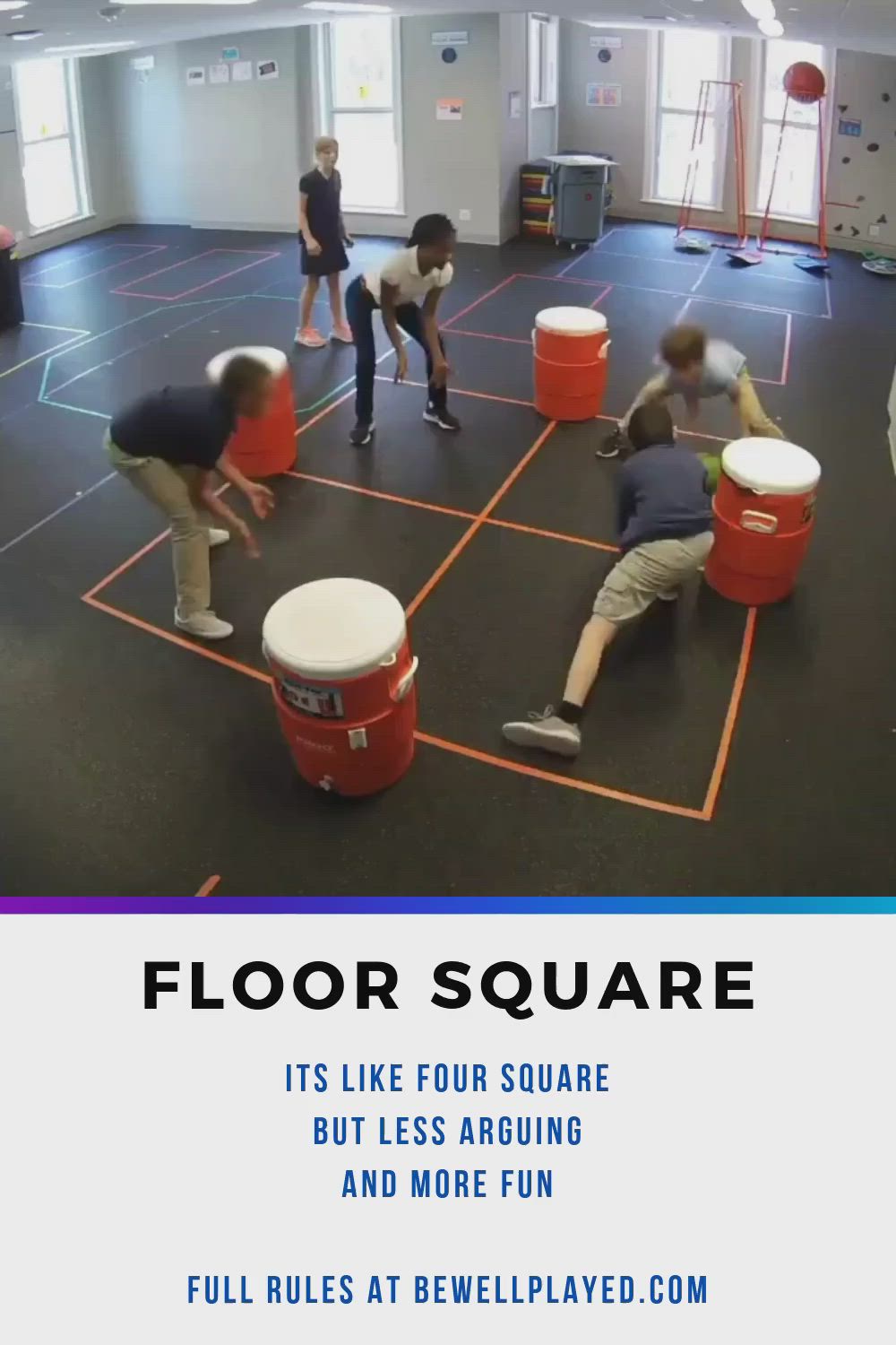 This may contain: a group of kids playing with buckets in an indoor gym flooring area that says, floor square it's like four square but less around and more fun