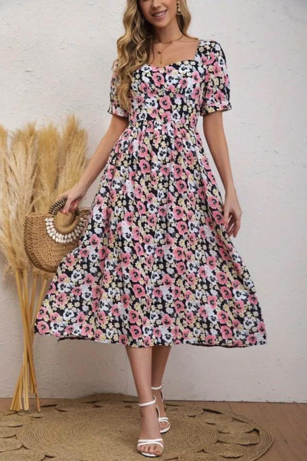 Floral Print Sweetheart Neck Dress, Elegant Short Sleeve Split Midi Dress For Spring & Summer