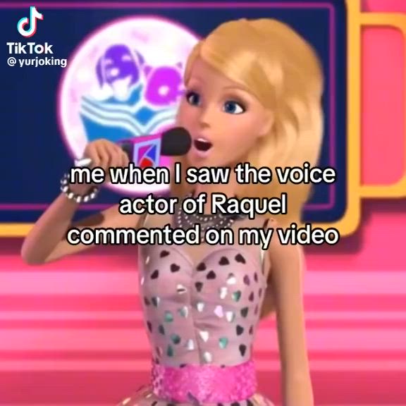 This may contain: a barbie doll talking into a microphone with the caption'me when i saw the voice actor of rappui commentioned on my video