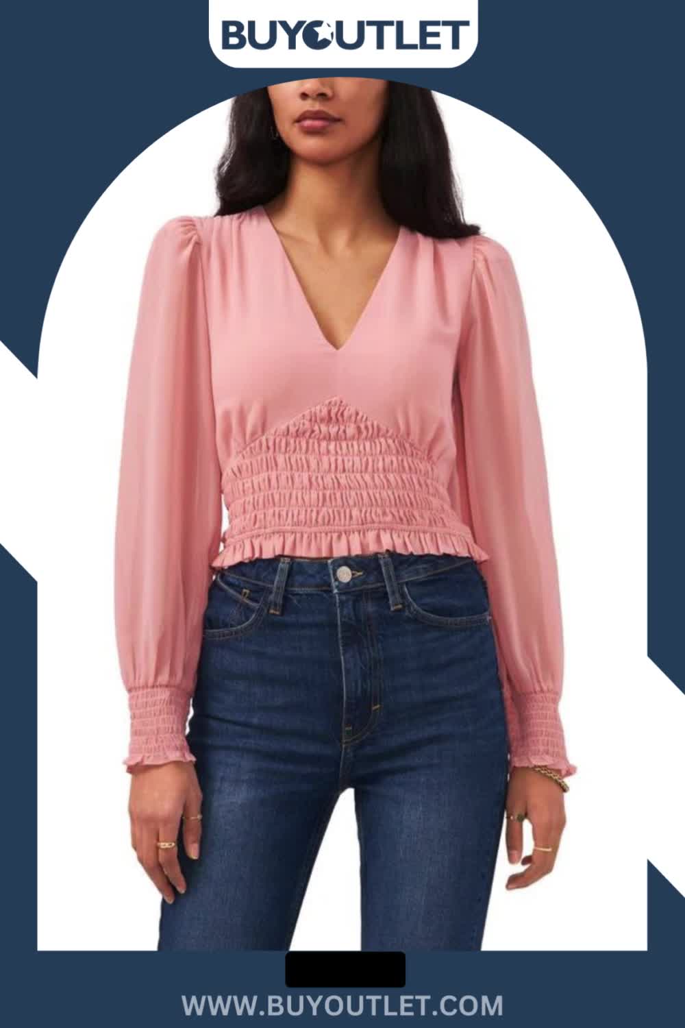 This contains: Woman wearing a pink long-sleeved blouse with V-neckline