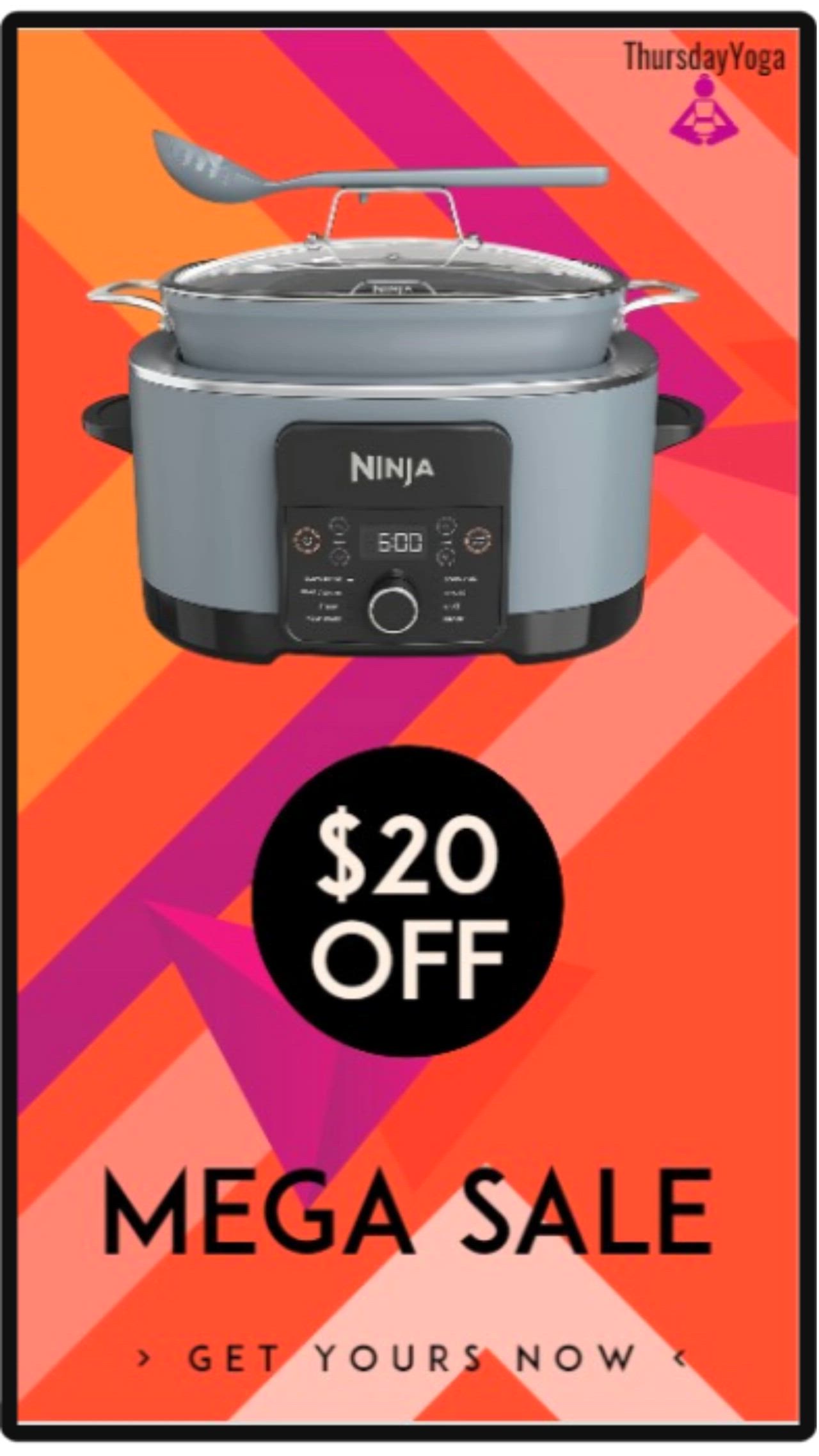 This may contain: an advertisement for the ninja mega sale with a large crock pot and lid on it