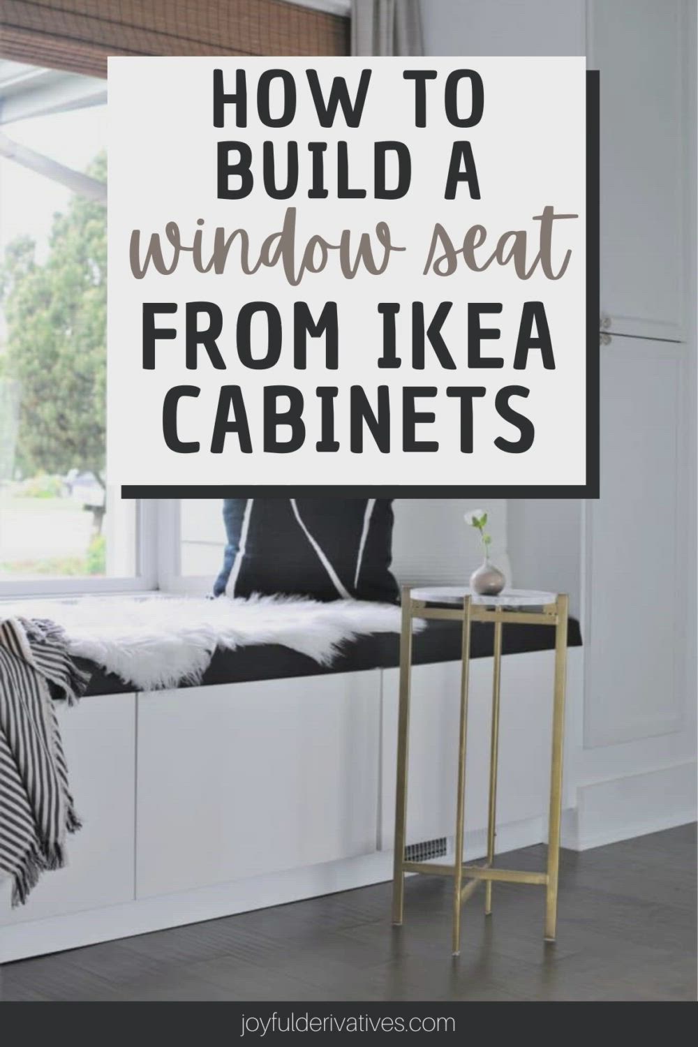 This may contain: a window seat with the words how to build a window seat from ikea cabinets