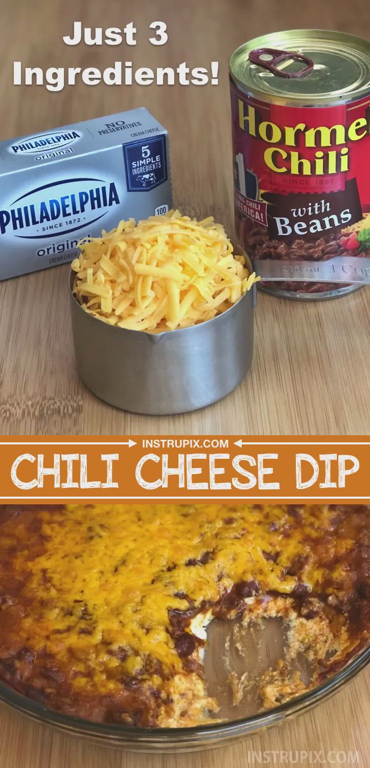 This may contain: the ingredients for this chili cheese dip are in tins and ready to be eaten