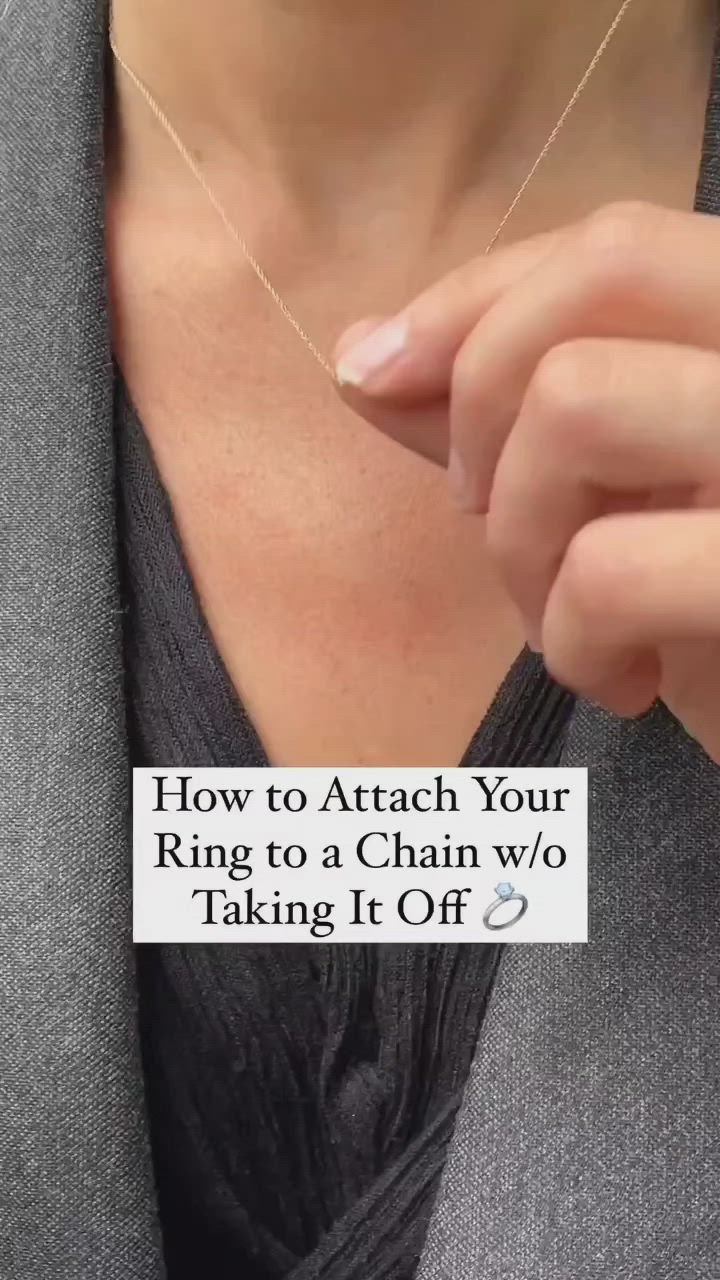 This may contain: a woman wearing a necklace with the words how to attach your ring to a chain who taking it off