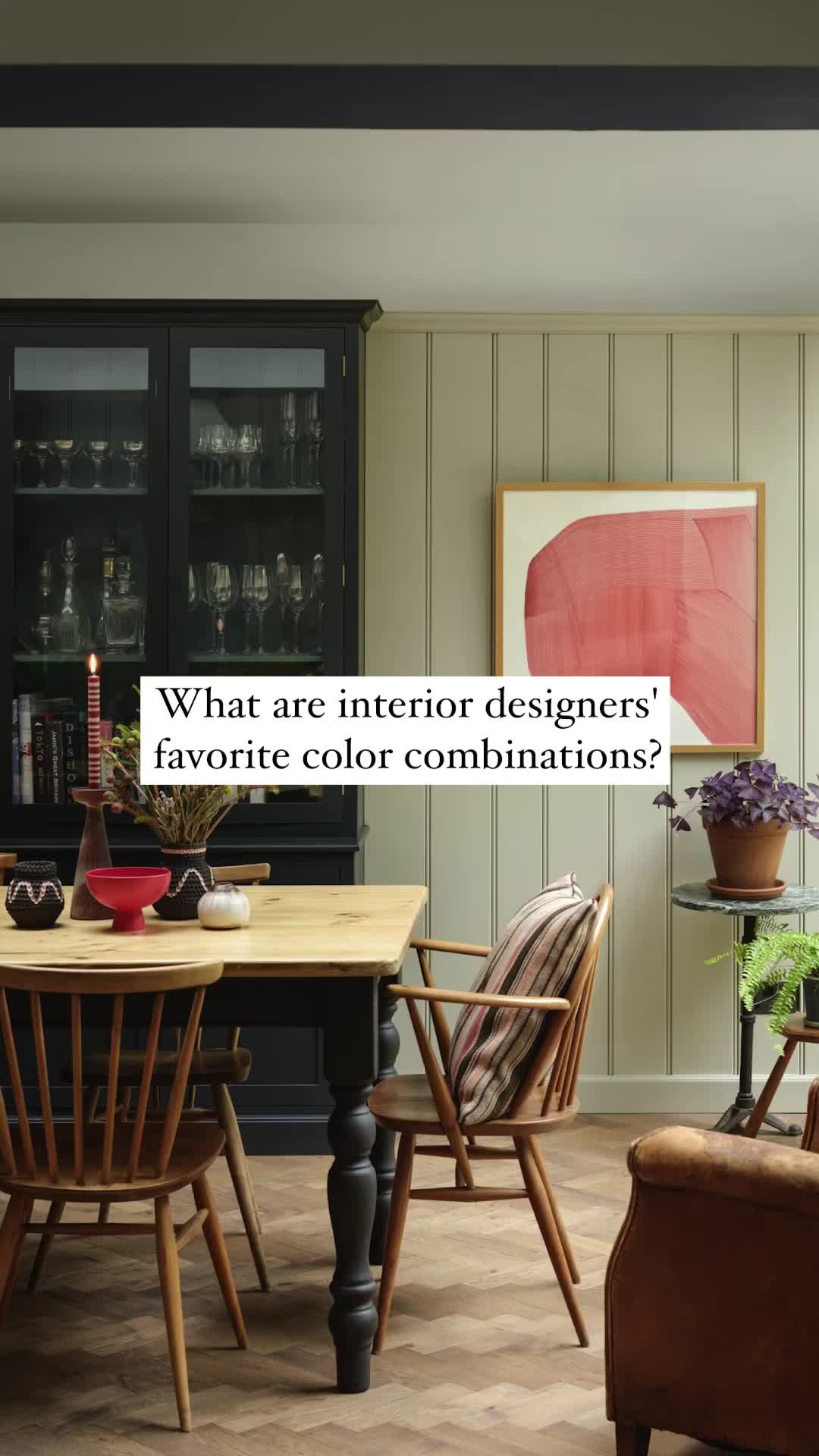 This may contain: a dining room table and chairs with the words what are interior designers favorite color combinations?