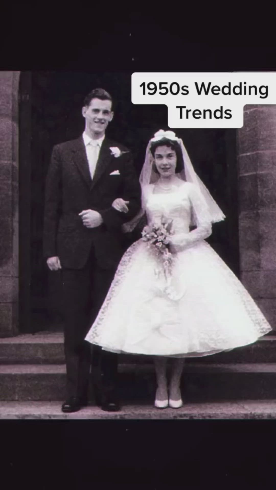 This may contain: an old black and white photo of a bride and groom on their wedding day with the caption 1950's wedding trends