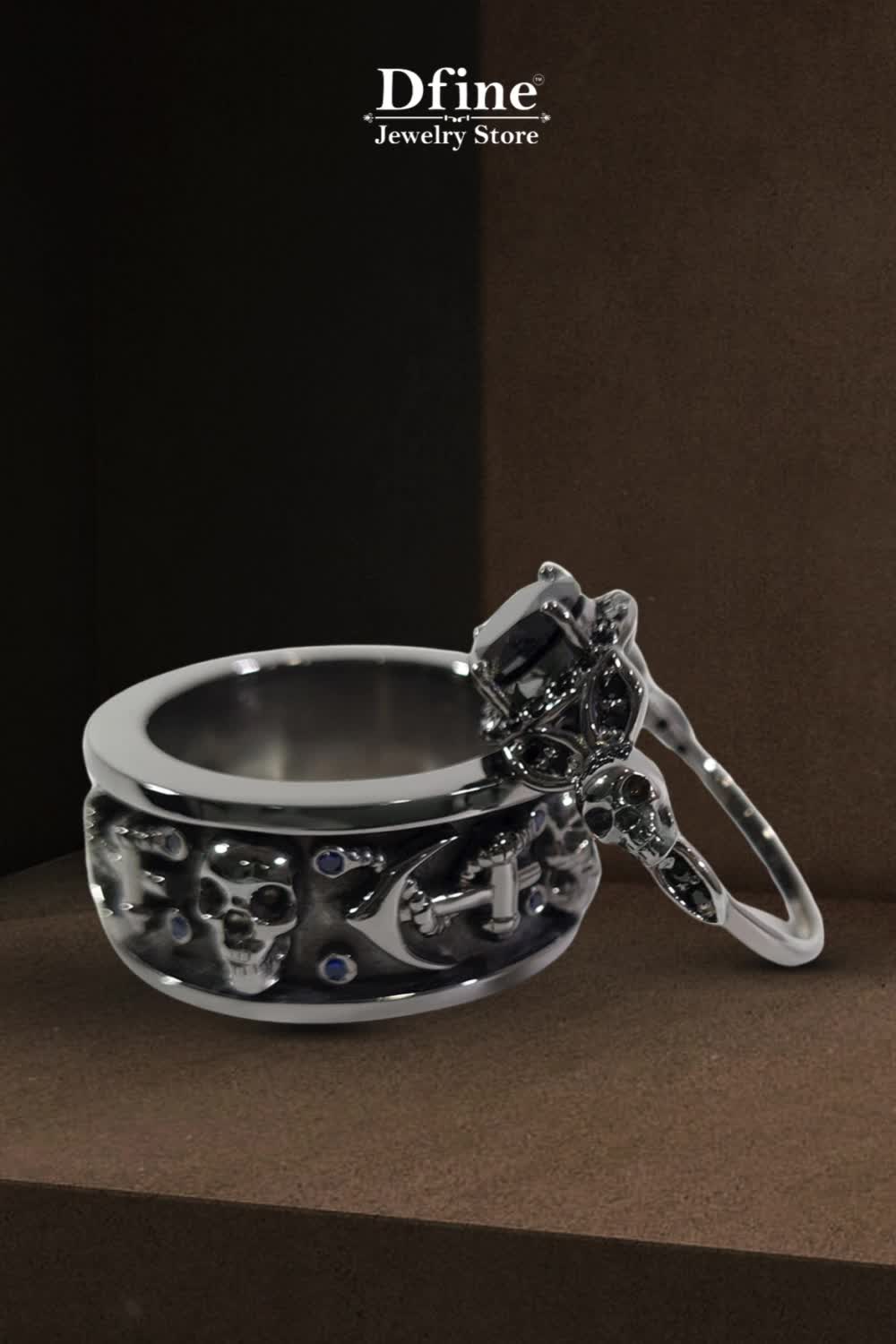 This contains: Couple Skull Ring, Skull Engagement Ring, Skull Wedding Ring, Gothic Jewelry, Matching Wedding Ring Set, Gemstone Ring, Anchor Skull Ring, Blue Sapphire Ring