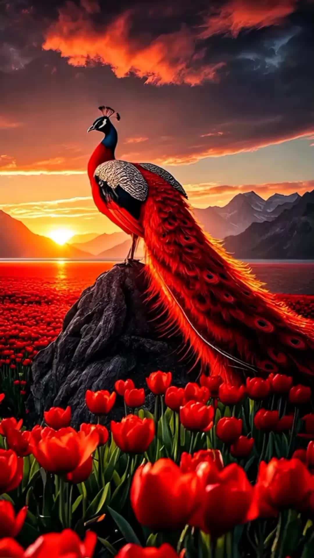 This may contain: a painting of a peacock sitting on top of a rock with red flowers in the foreground