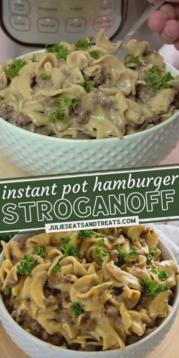 This may contain: a close up of a bowl of food with broccoli in it and the words instant pot hamburger stroganoofff