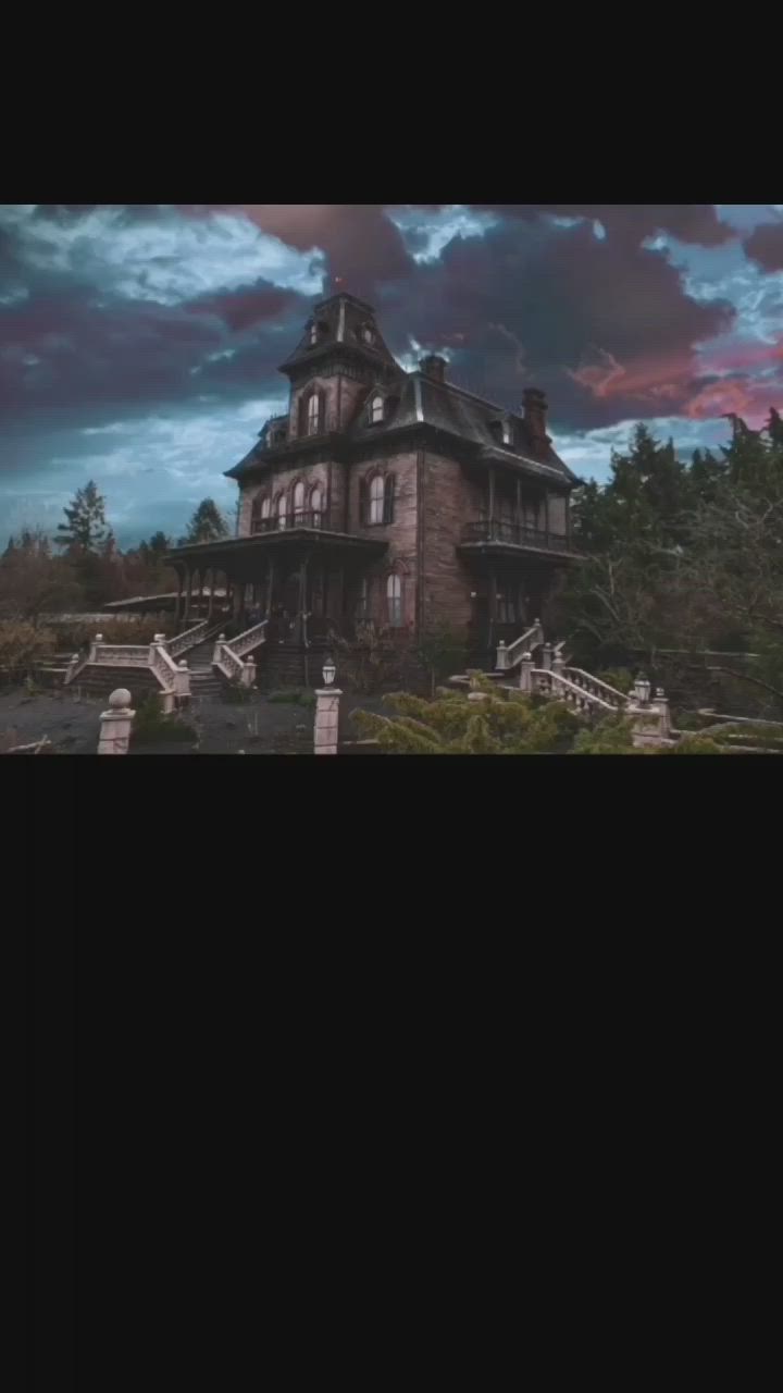 This may contain: an old house with stairs leading up to the front door and dark clouds in the background