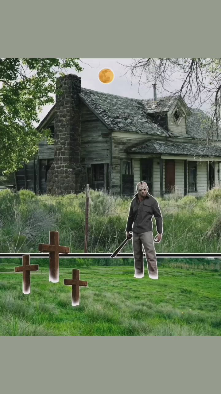 This may contain: an old man standing in front of a house with crosses on the grass near by