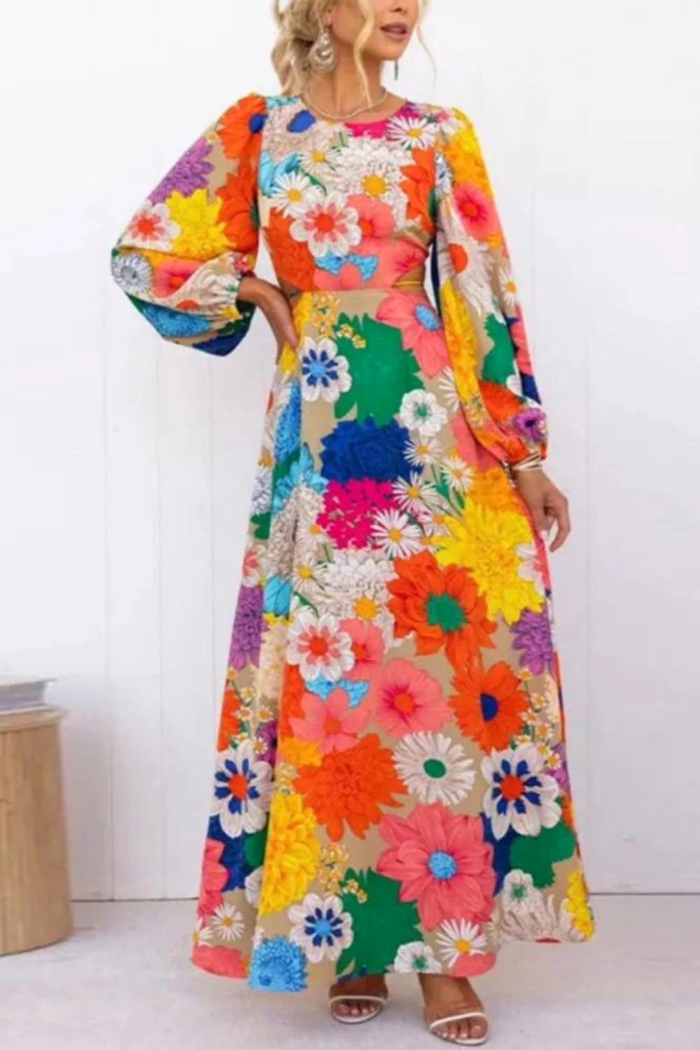 Exude elegance in this captivating maxi dress adorned with vibrant floral prints. The alluring design features a sexy hollow back and tasteful tie, perfect for a party. Long sleeves add a touch of sophistication to complete the enchanting look.