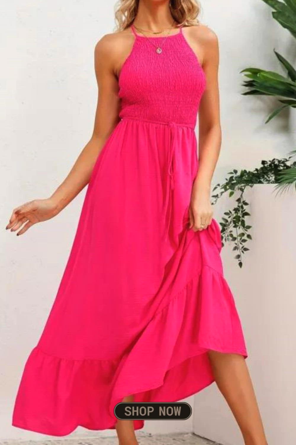 Solid Cami Dress, Elegant Sleeveless Backless Ruffle Hem Dress For Spring & Summer