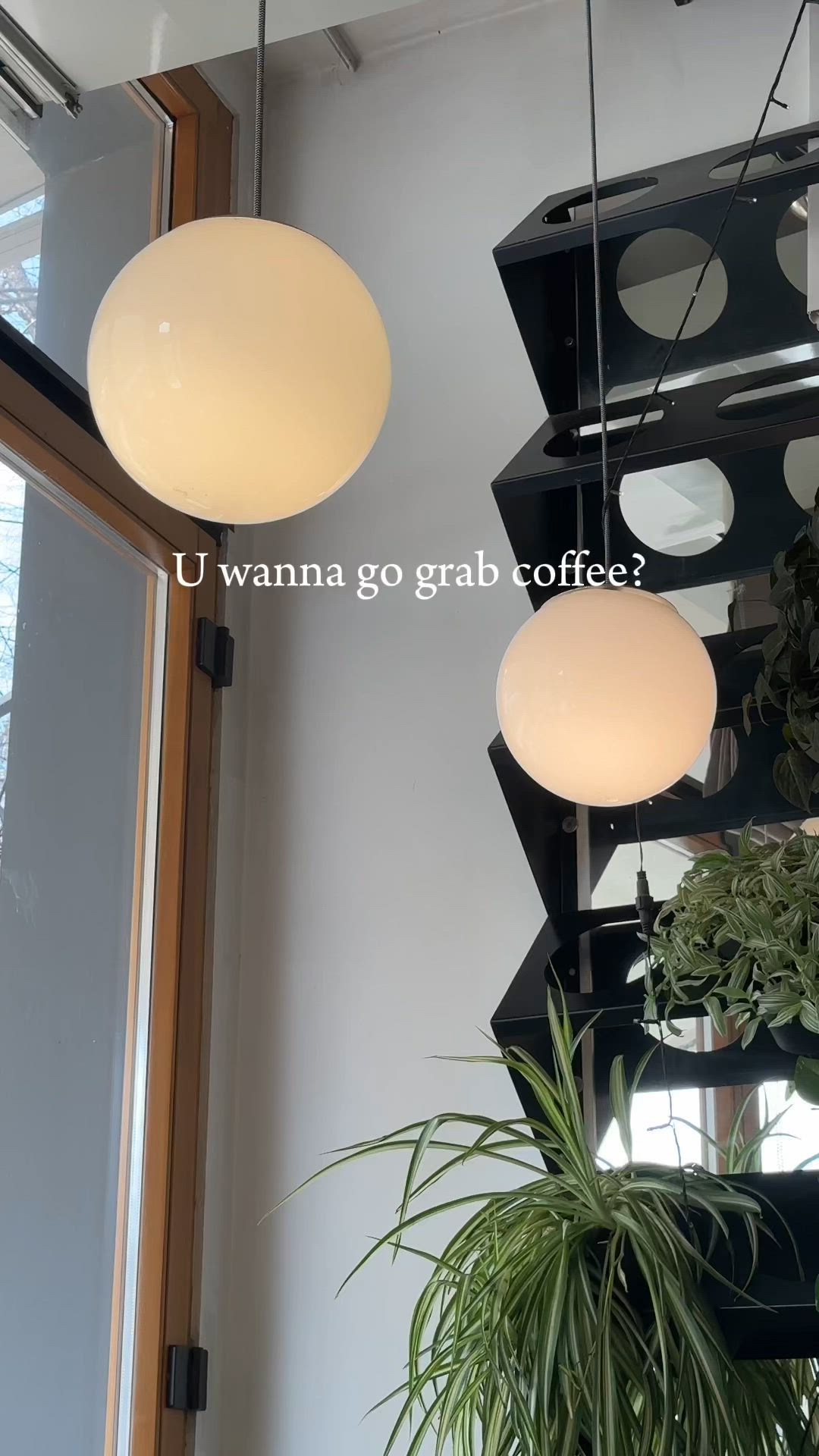 This may contain: three hanging lights above a potted plant in an office space with the caption u wanna go grab coffee?