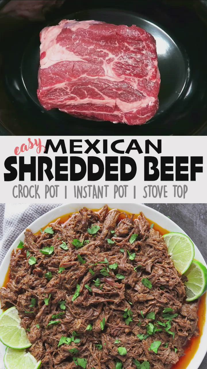 This may contain: mexican shredded beef in a bowl with limes and cilantro on the side