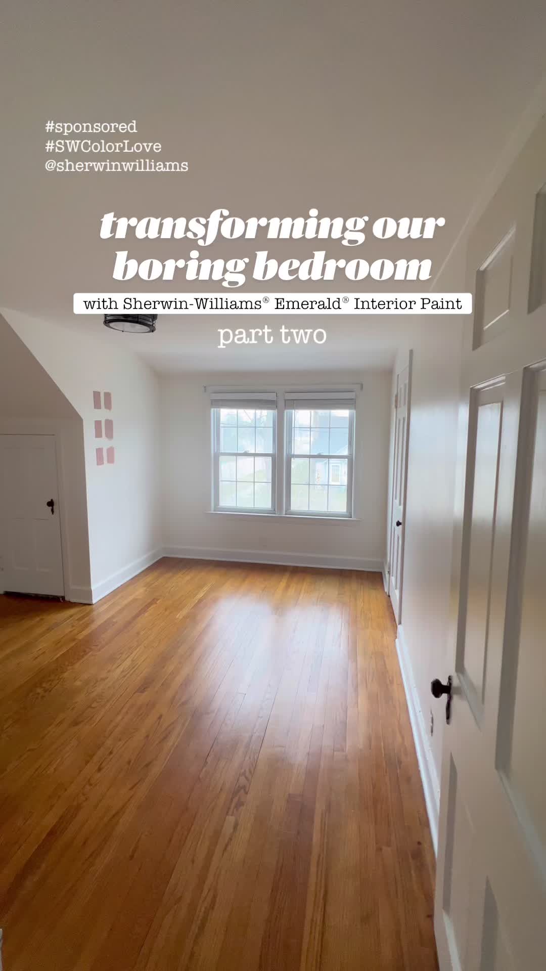 This may contain: an empty room with wood flooring and white paint on the walls that says transforming our boring bedroom