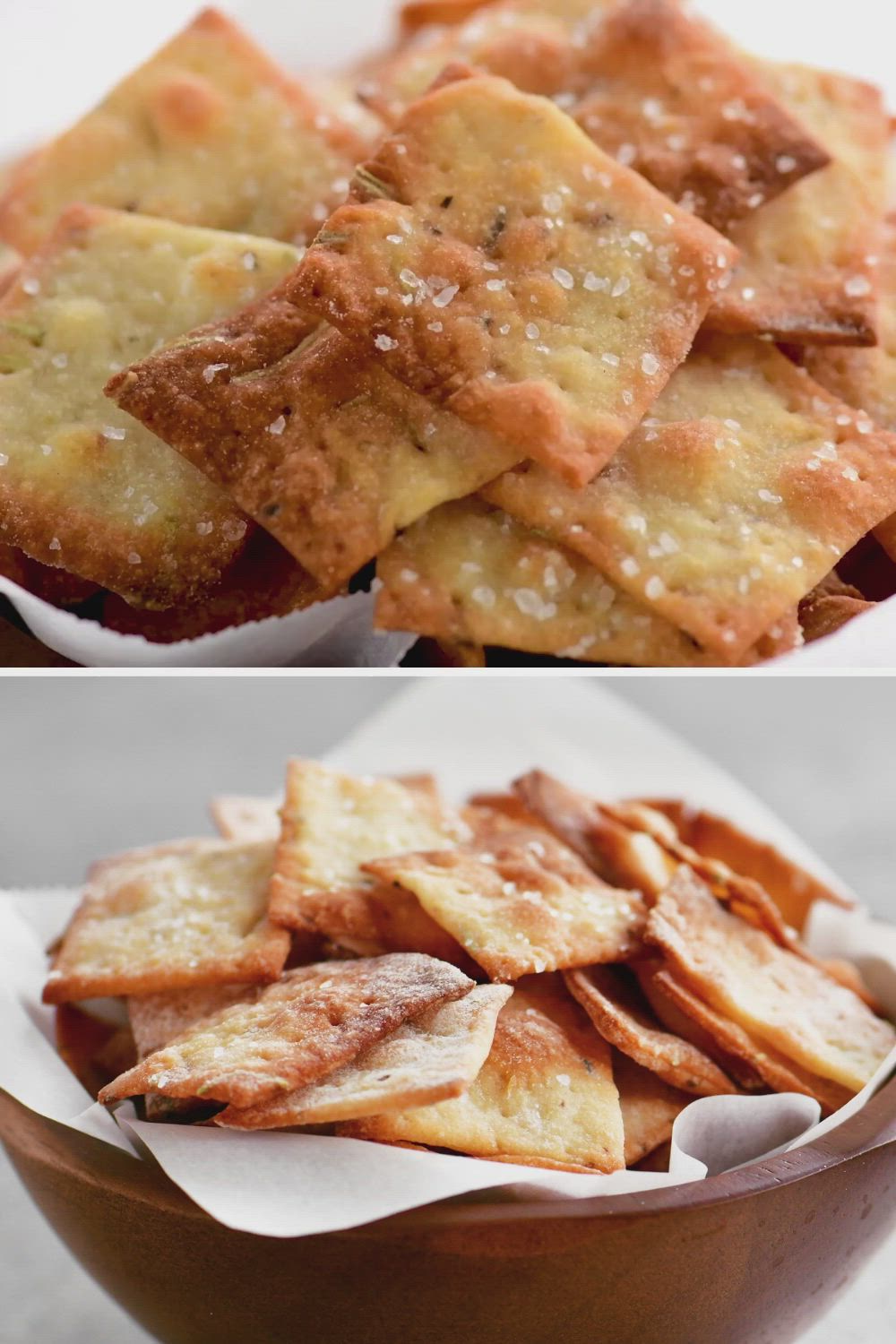 This may contain: two pictures showing different types of crackers in bowls