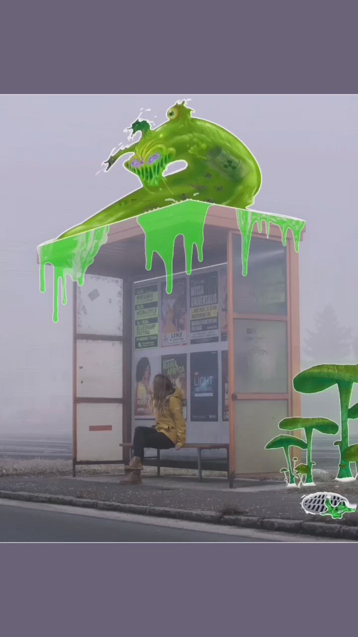 This may contain: a person sitting on a bench in front of a building covered in green icing