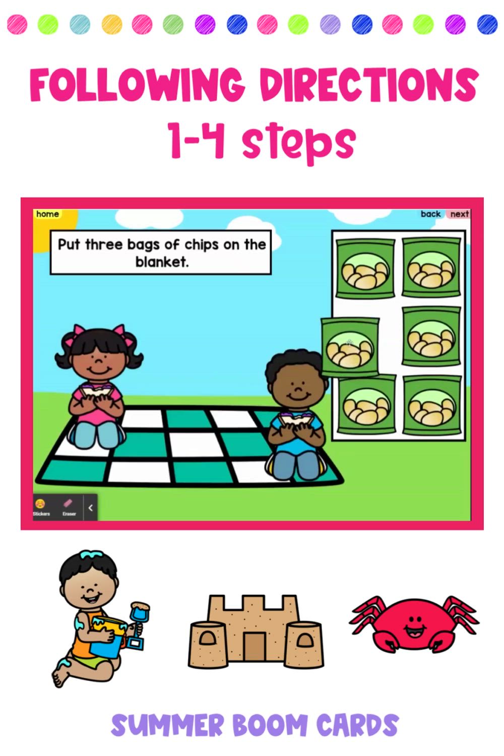 This contains: These following directions speech therapy boom cards include 1 to 4 step directions with a summer theme. Great for visual discrimination and fine motor skills with the move of the mouse to the correct areas.  Target speech therapy goals and objectives, teaching objectives and more with these fun and engaging game like activities.