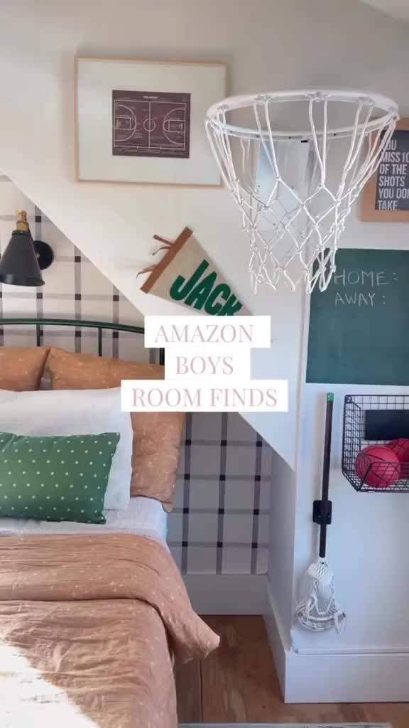 This may contain: a bed room with a basketball hoop hanging from the ceiling