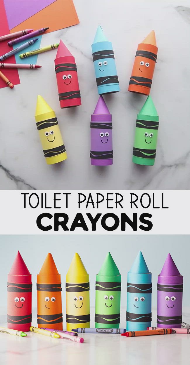 This may contain: crayons are lined up in the shape of faces and eyes, with text overlay that reads toilet paper roll crayons