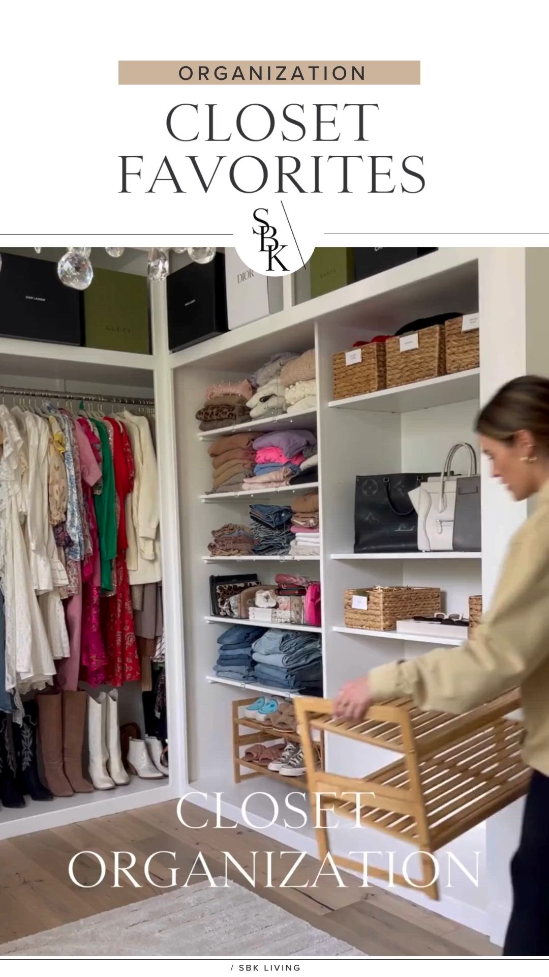 This may contain: a woman is trying to organize her closet