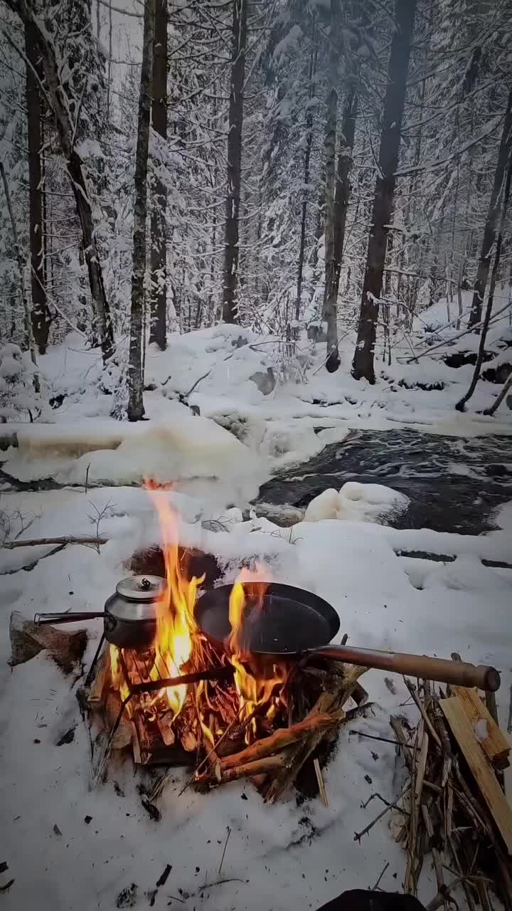 This may contain: a campfire in the middle of a snowy forest with ice and snow on the ground