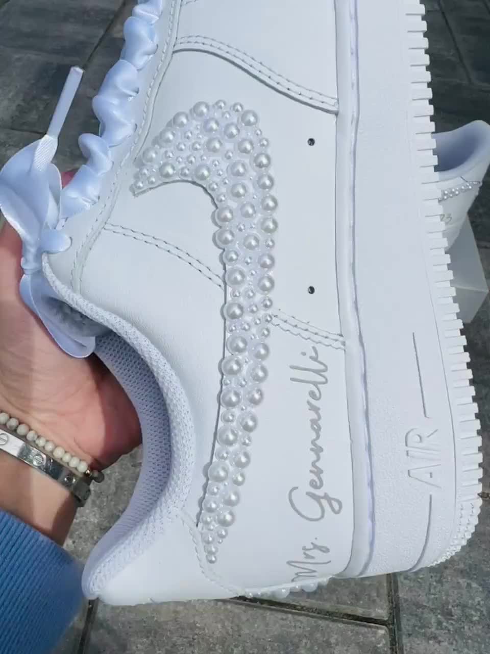 Blinged out bridal Air Force 1 sneakers personalized for the brides special day 👰🏻 **PLEASE READ LISTING CAREFULLY**  SNEAKERS: This listing if for Nike Air Force 1, if you would like something different please message me :) Personalization section please add: *your name  *date of wedding *if you want them without any customization please type (no customization) NOTE: A proof of your lettering will be sent to you within 72 hours of purchasing, please check your messages to approve image. If se