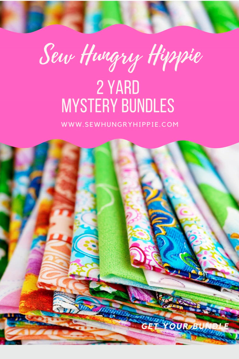 This may contain: the sew huggy hippie mystery bundle is full of colorful fabrics