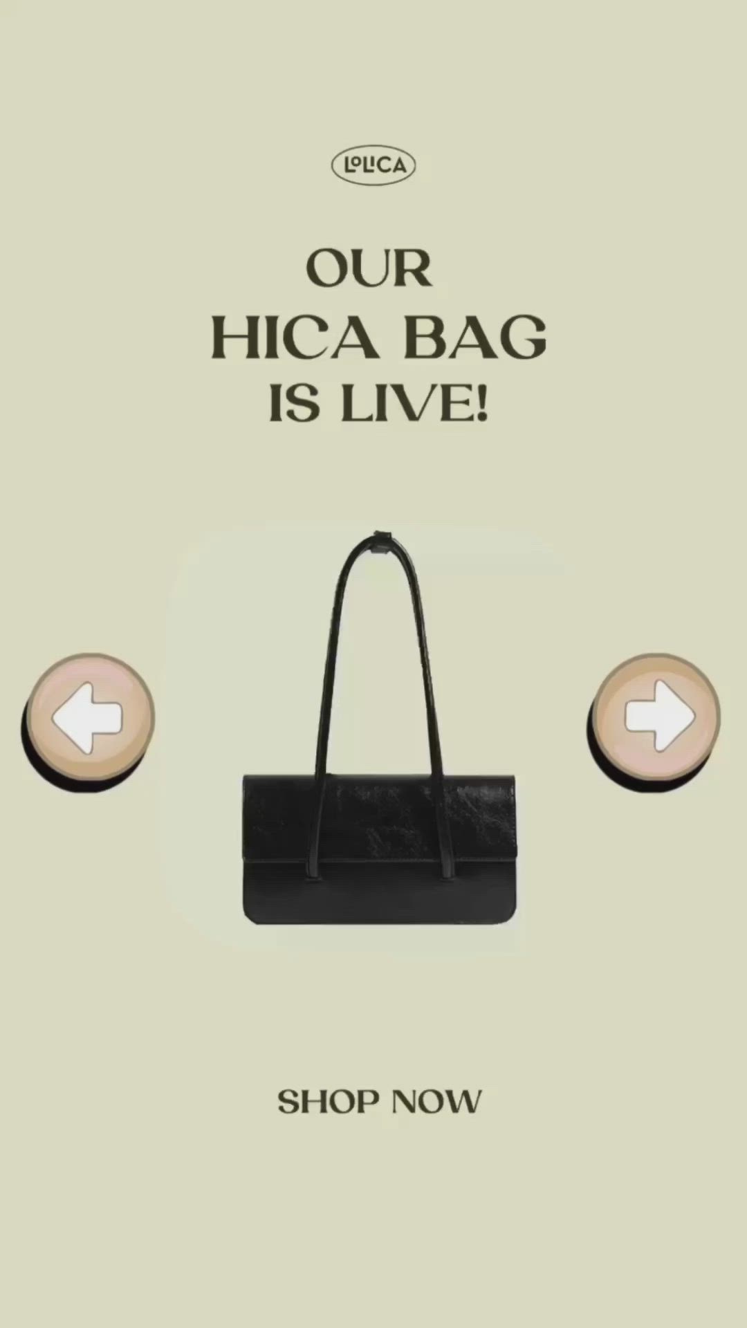 This may contain: an advertisement for a handbag is shown in three different colors and sizes, with the words'our hica bag is live '