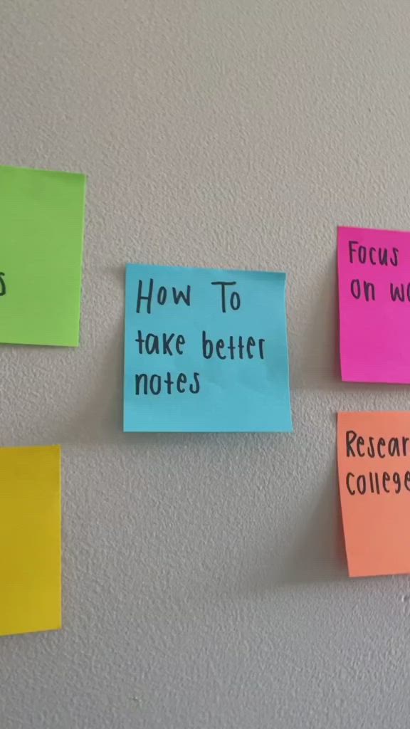 This may contain: colorful sticky notes pinned to the wall with words on them that read how to take better notes