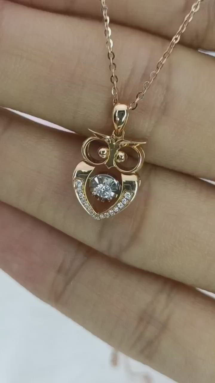 18K Rose Gold Owl Diamond Necklace, Owl Diamond Pendant, Curb Chain Necklace. Pretty Owl Diamond Necklace.