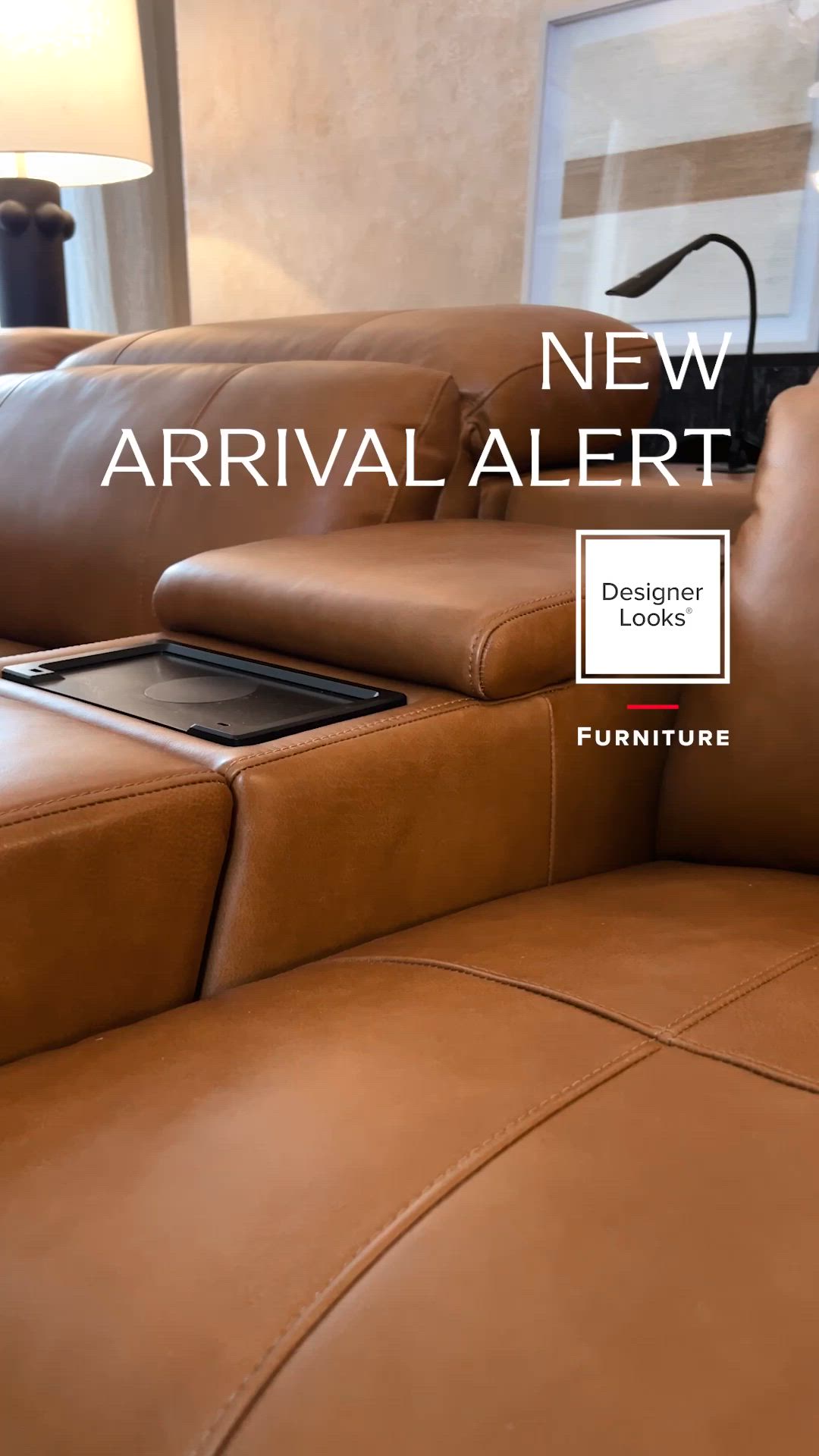 This may contain: a brown leather couch with the text new arrival alert