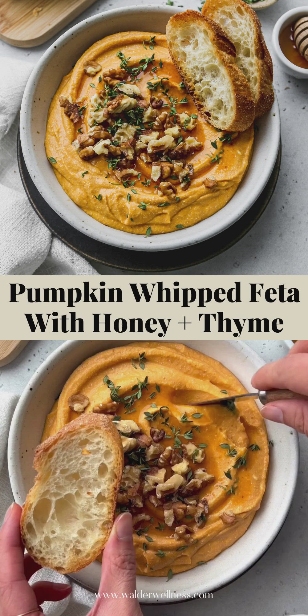 This may contain: pumpkin whipped feta with honey and thyme in a white bowl on a table