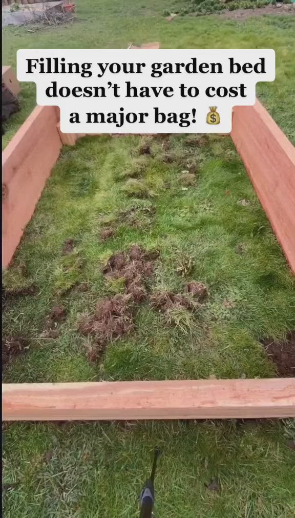 This may contain: a garden bed is laying in the grass with text over it that reads, filling your garden bed doesn't have to cost a major bag