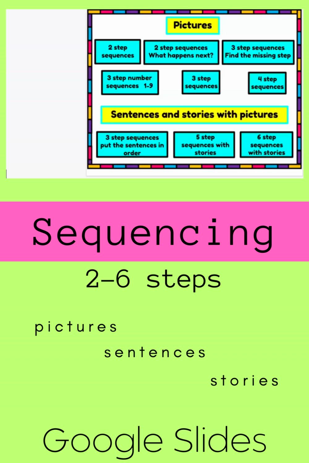 This contains: This google slides sequencing activity includes 2 step sequencing through 6 step sequencing. Includes pictures, sentences, counting and stories. Great teacher resources and speech therapy activities for in person teaching or teletherapy. Your students will learn time and sequence vocabulary, inferencing and story order.