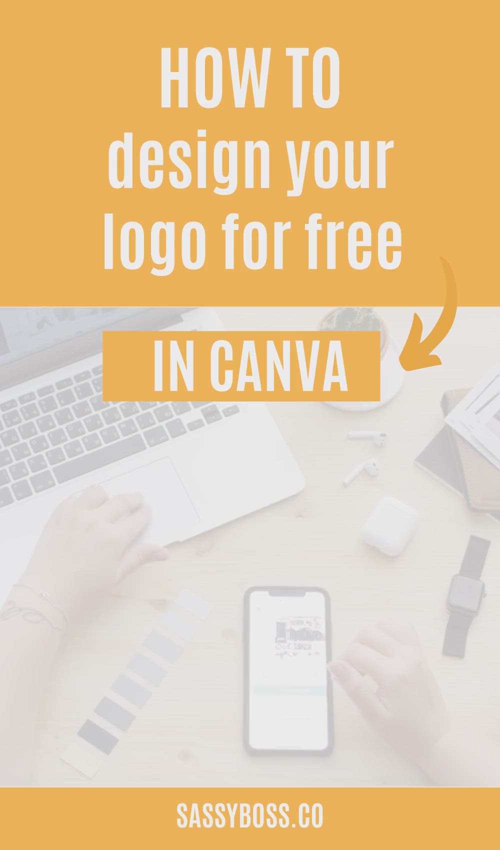 This may contain: a person sitting at a desk with a laptop and phone in front of them, the text how to design your logo for free in canvas