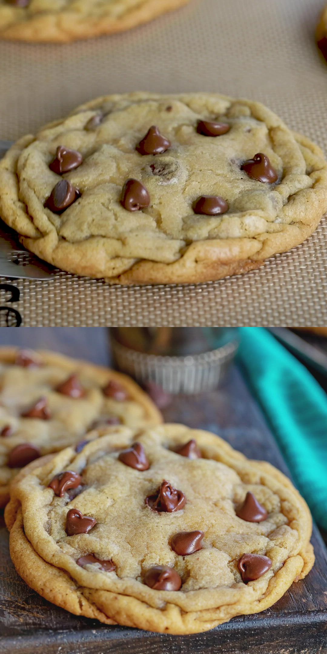 This may contain: two chocolate chip cookies sitting on top of a cookie sheet