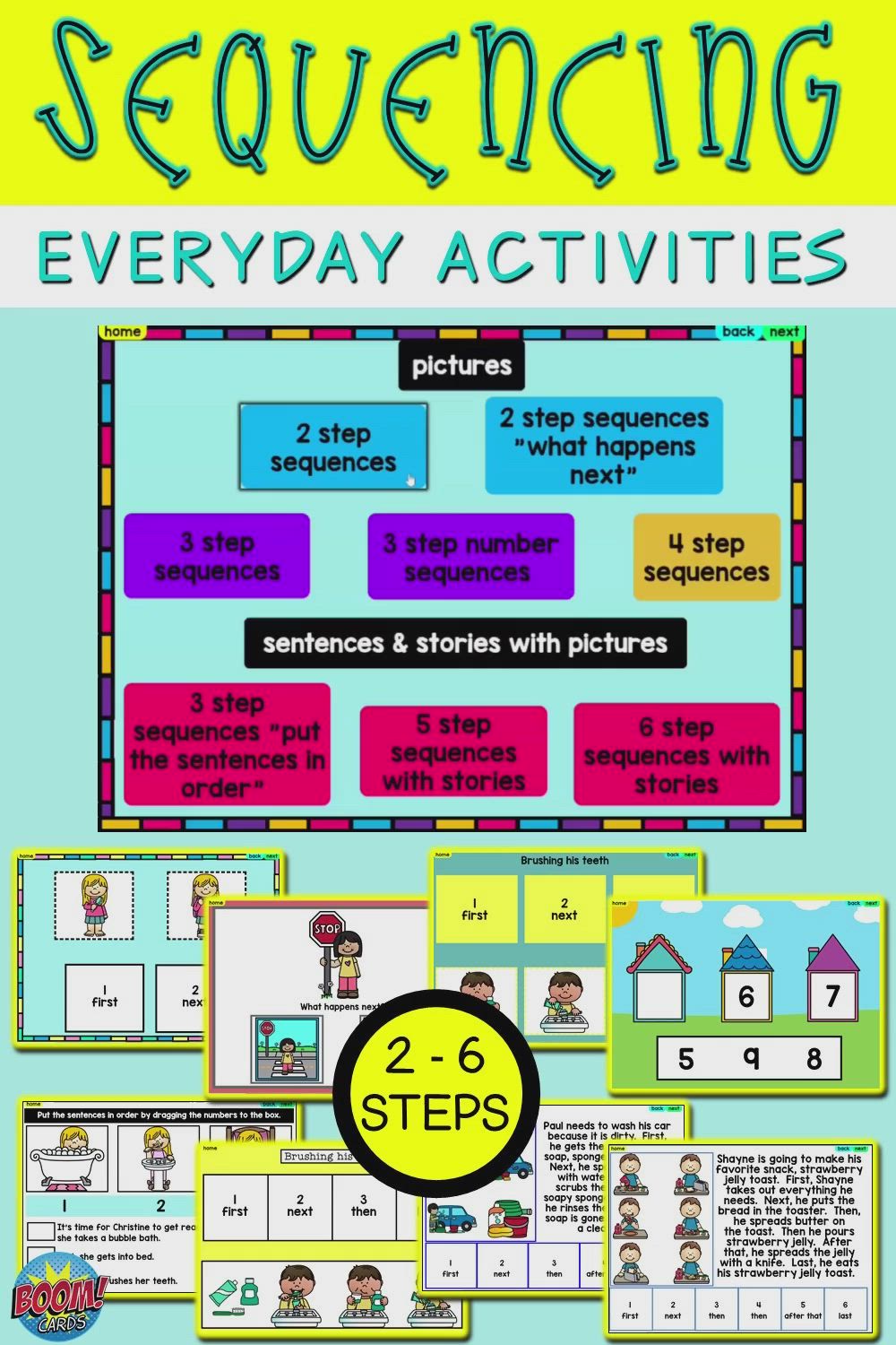 This contains: Sequencing activities with pictures - Sequences activities for kids. These boom cards are fun learning games and include 2 step sequencing to 6 step sequencing. These digital resources can be for the classroom or for distance learning. These are great language activities, speech therapy games, and teacher resources!