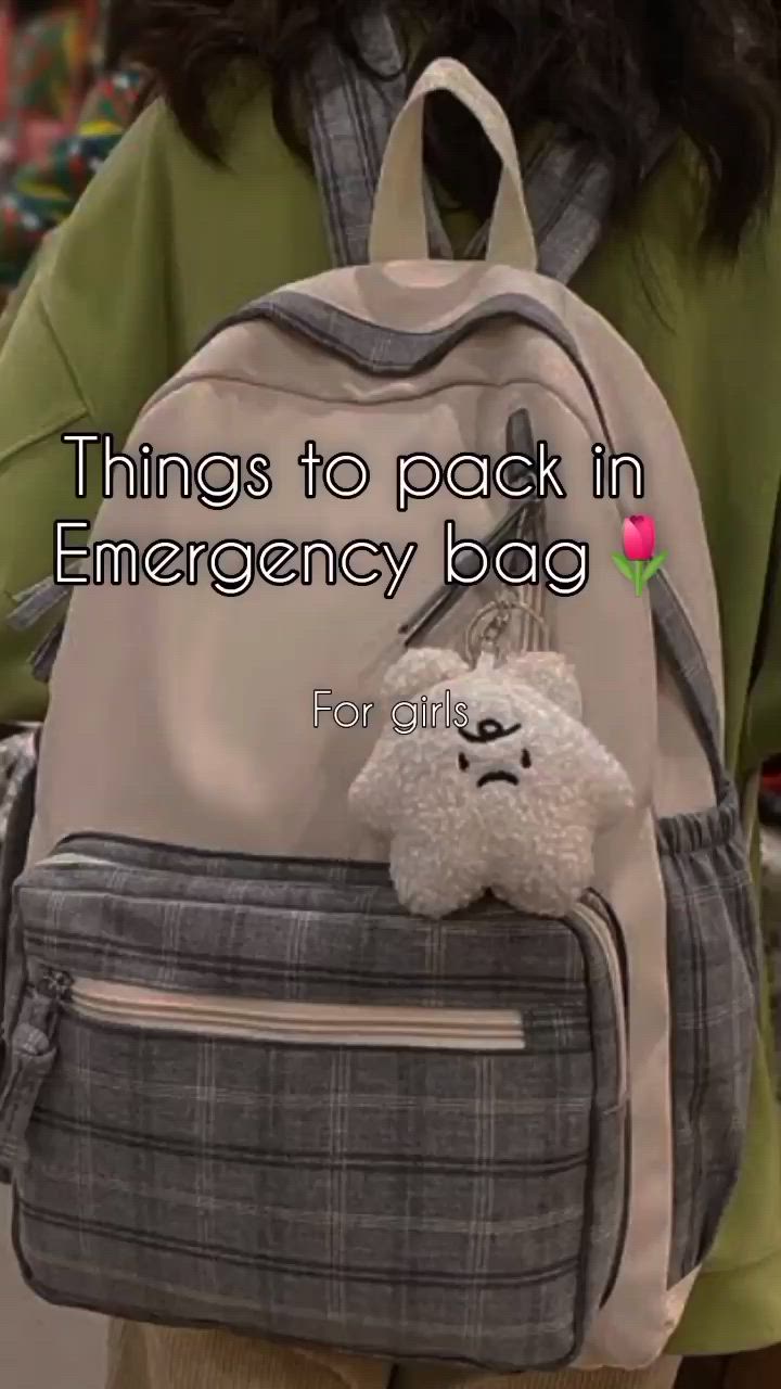 This may contain: a person with a backpack and a teddy bear on their back, that says things to pack in emergency bag for children