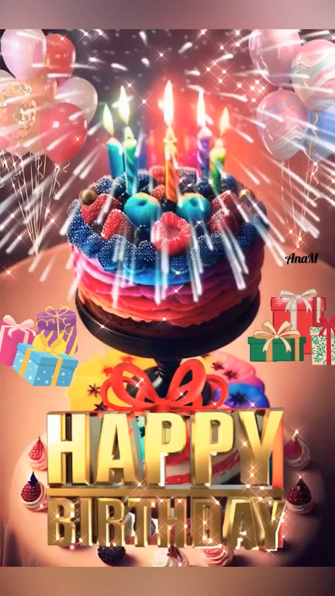 This may contain: a birthday cake with candles on it and balloons in the air behind it that says happy birthday