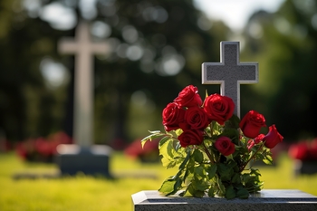 cemetery with a headstone with accessories and a cross on top