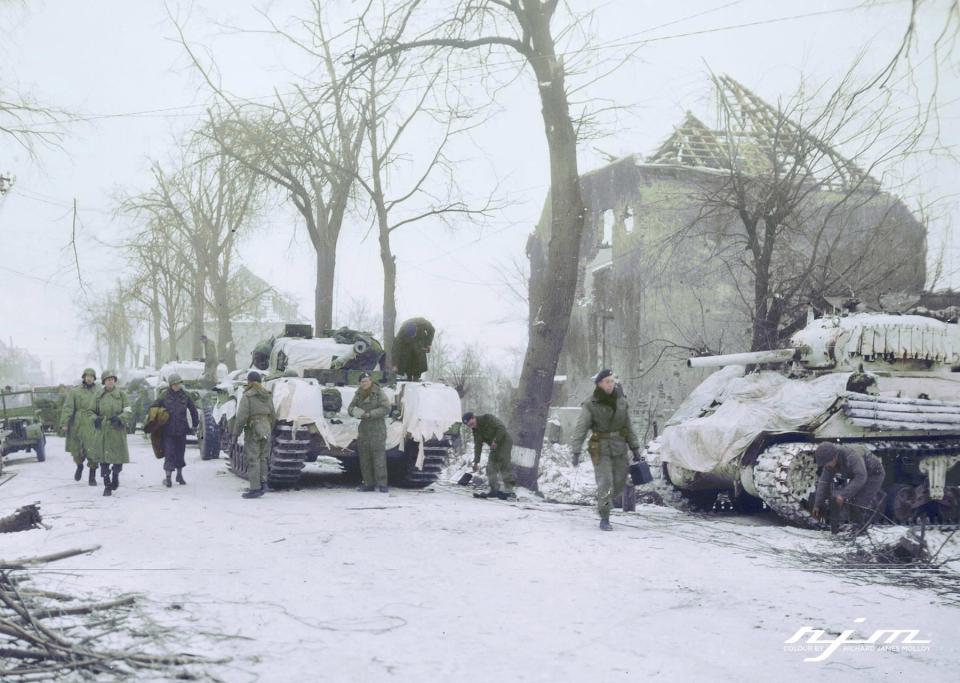 Allied tanks in winter camo preparing for the attack on Brachelen ... image.