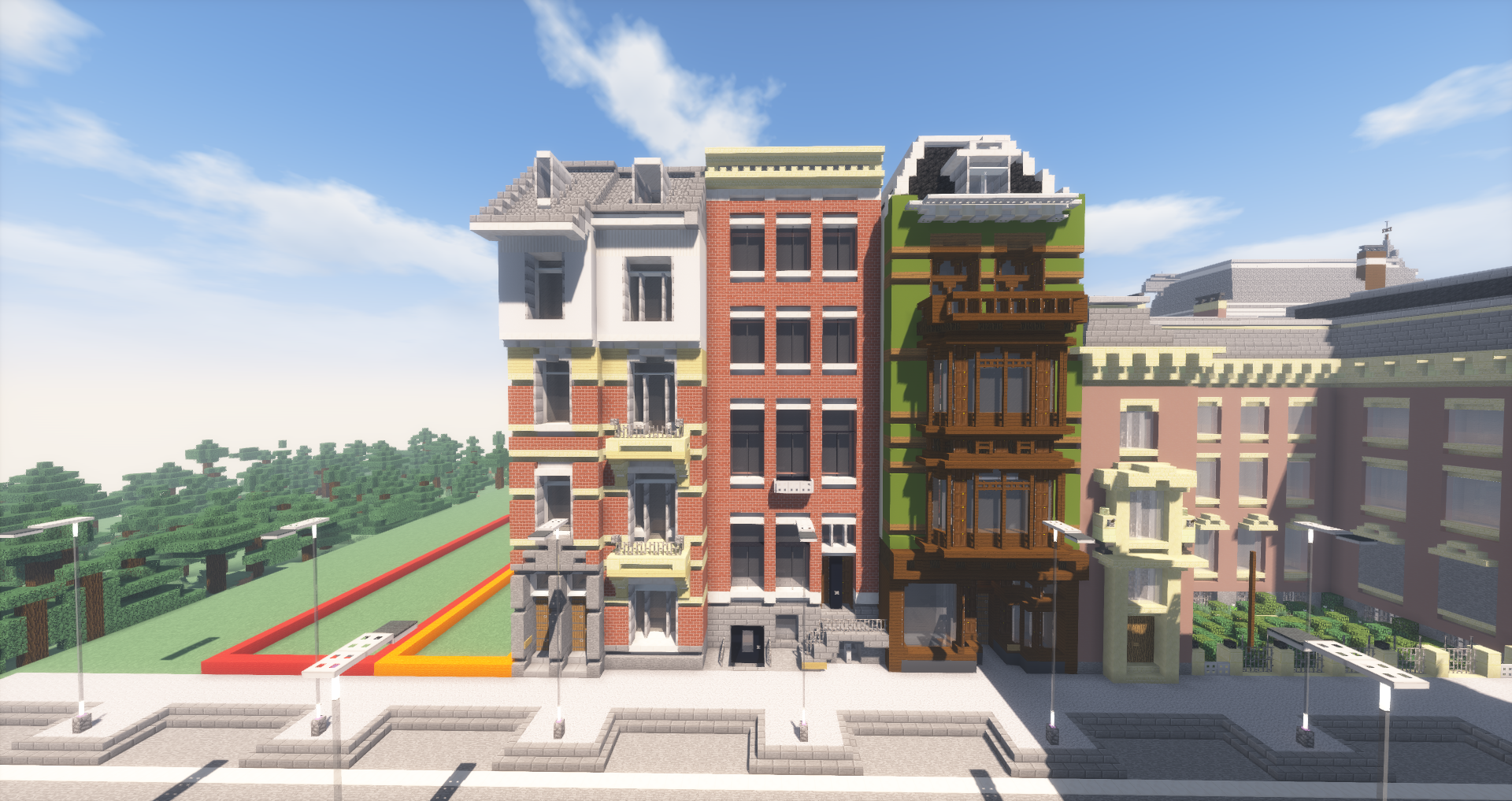 New Amsterdam townhouses in my town : r/Minecraft