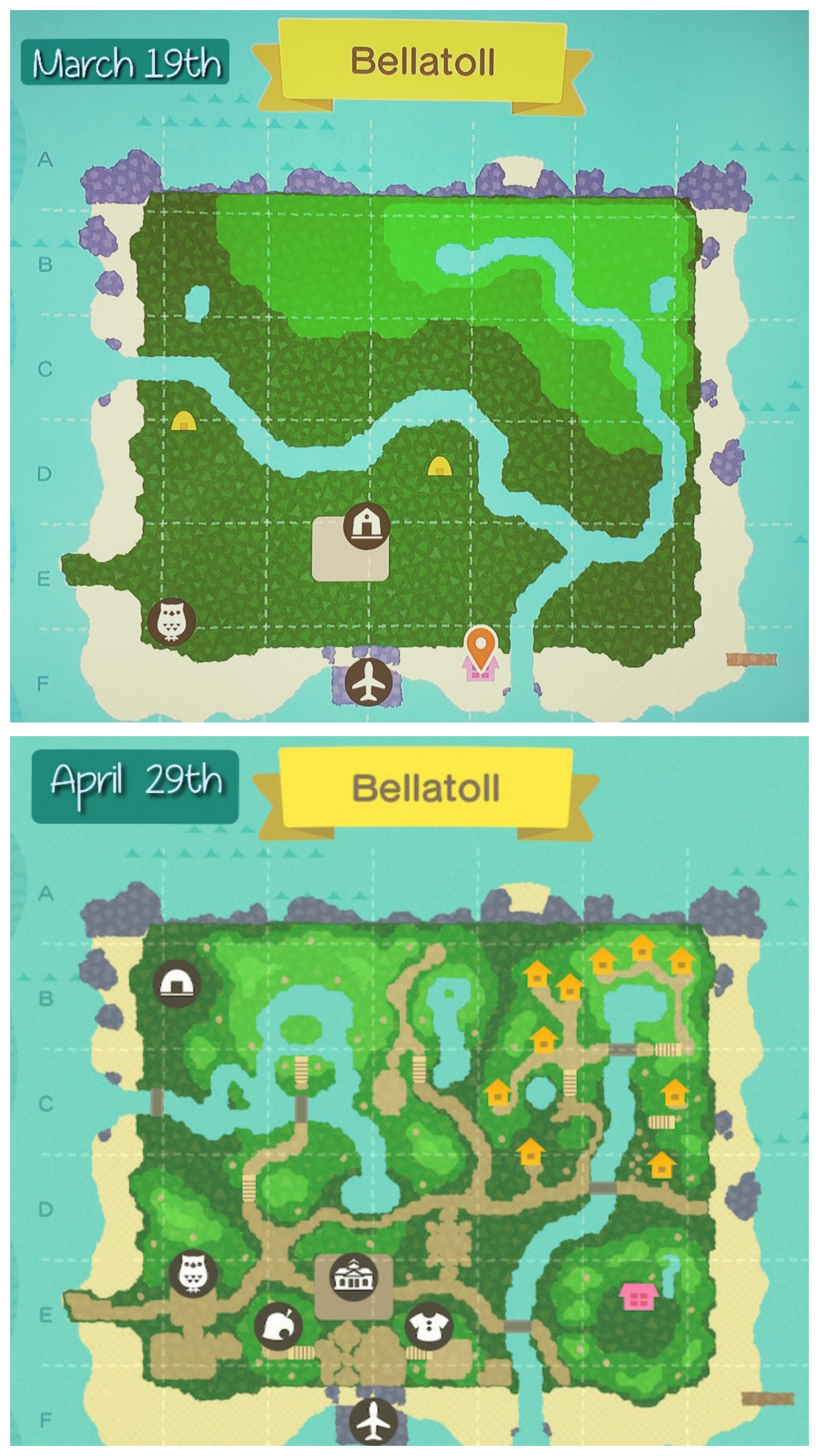 Before and after maps of my island : r/ac_newhorizons