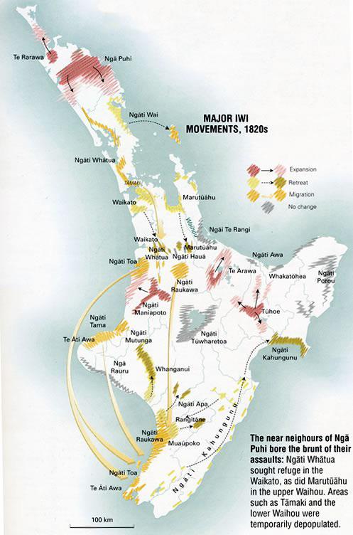 Map of tribal movements in the North Island of New Zealand in the 1820s ...