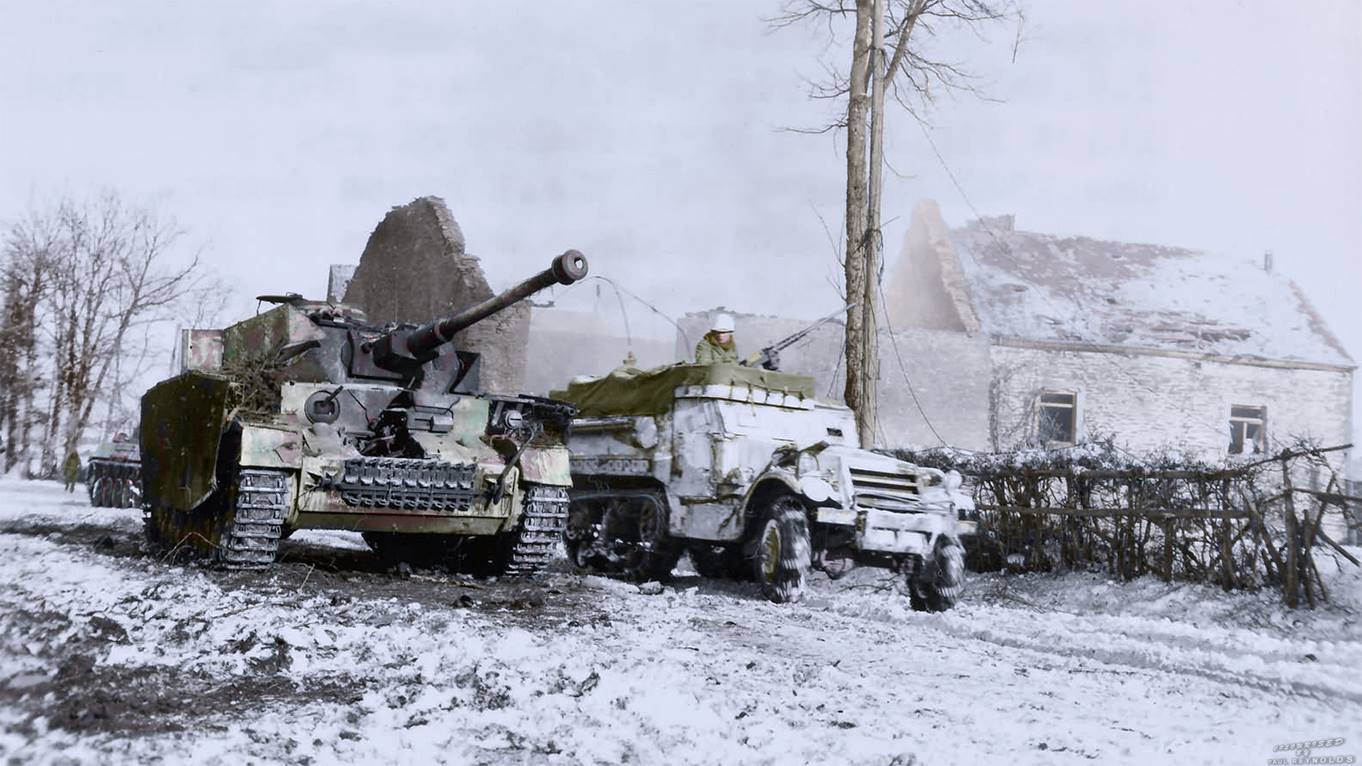 An American M3A1 drives past a destroyed German Pz.Kpfw.IV J in Foy ...