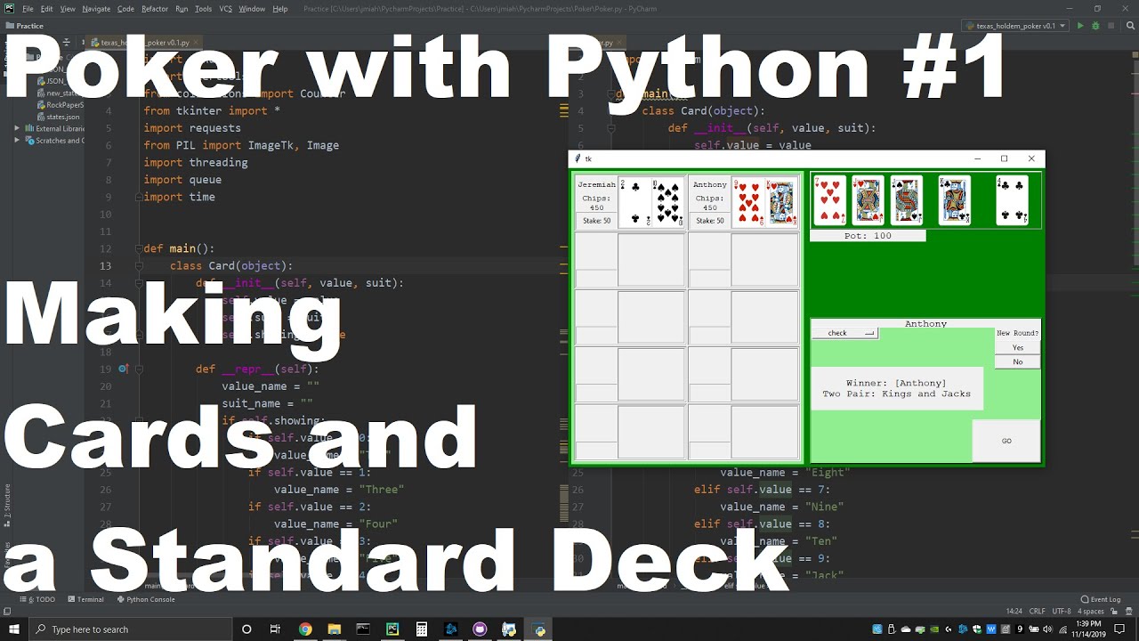 Poker with Python #1 - Making Cards and a Standard Deck - YouTube