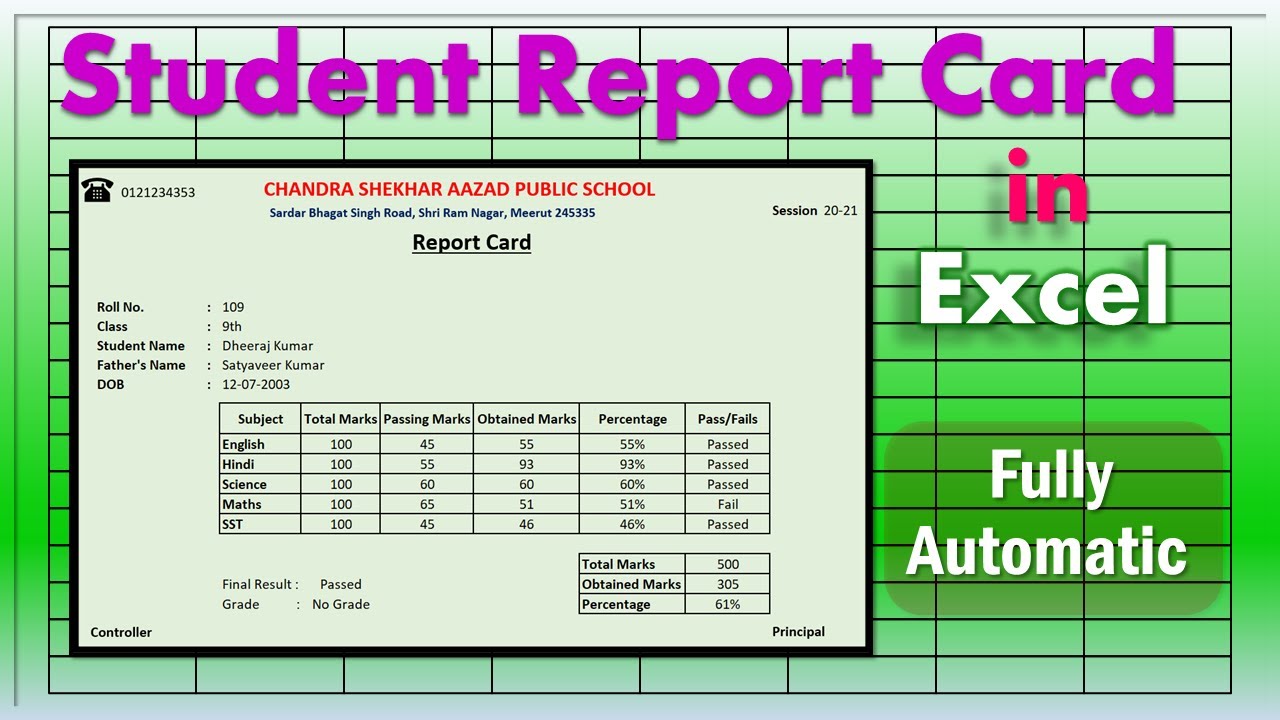 Automatic Report Card in Excel | Student Result Card in Excel - YouTube